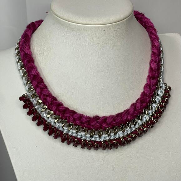 LOFT Ann Taylor statement necklace bohemian boho raspberry pink gray gold tone - Picture 13 of 15